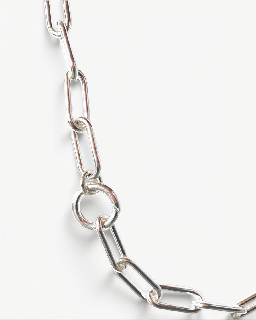 Molokai Quinn silver chain necklace with elongated rectangular links and a circular clasp detail