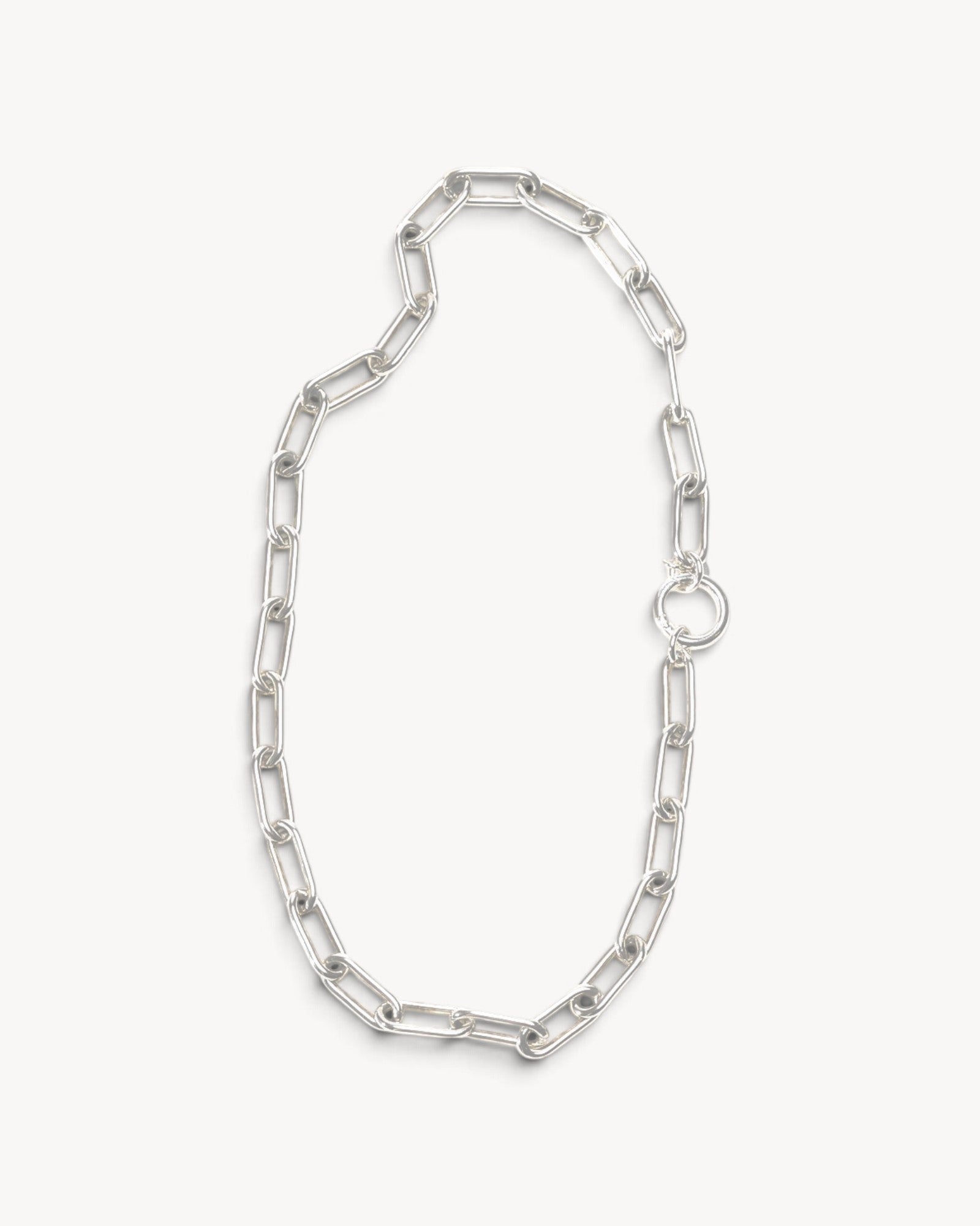 Molokai Quinn silver chain necklace with a bold, elongated link design and a circular clasp.