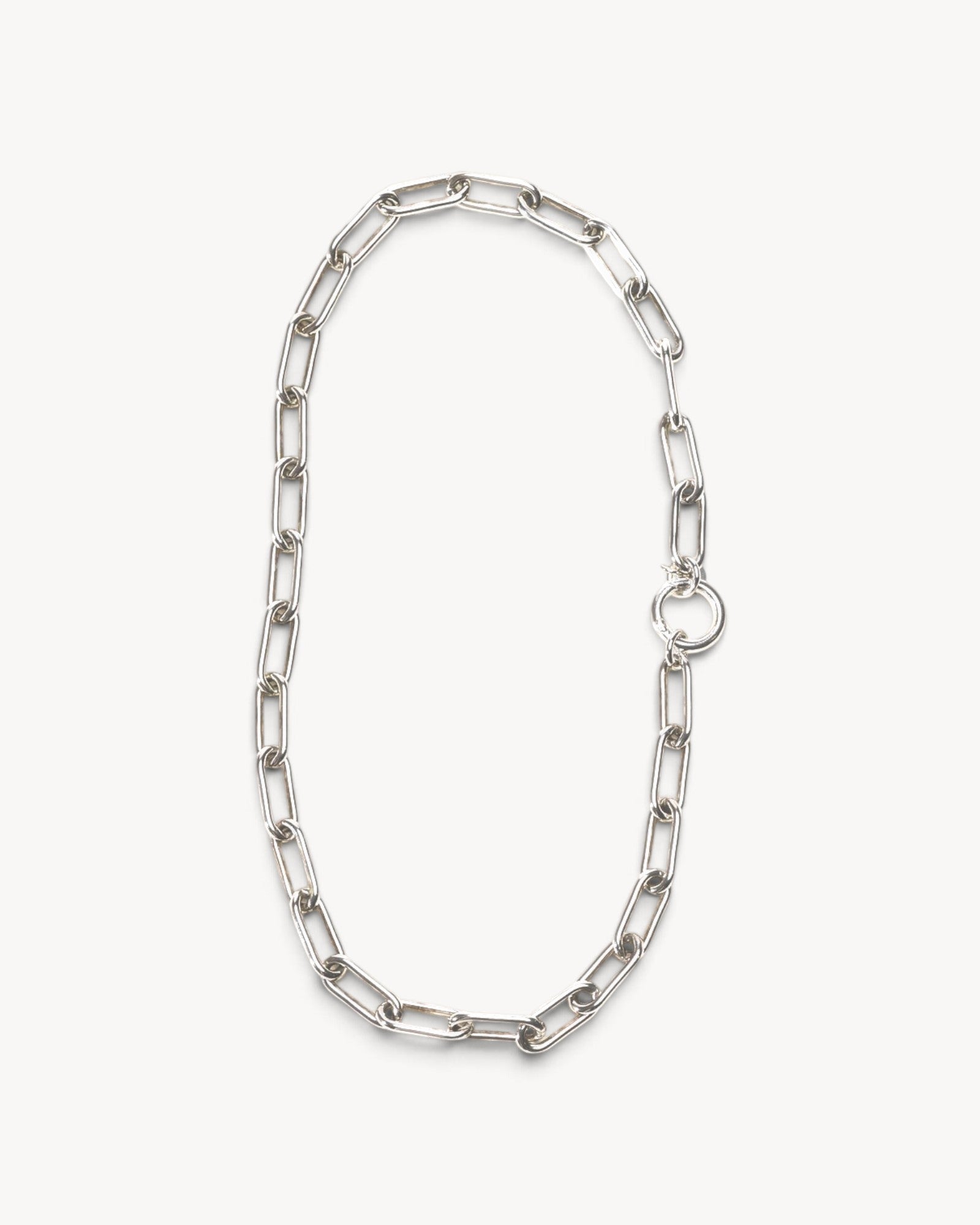 Molokai Quinn silver chain necklace featuring elongated rectangular links and a circular clasp closure